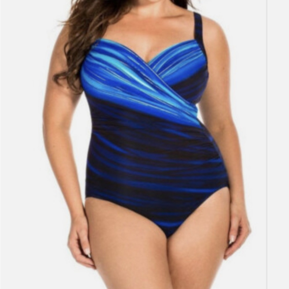 Miraclesuit One-Piece Faux Wrap Ruched Blue Swimsuit - Size XL